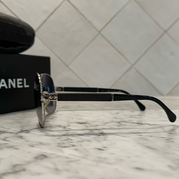 Chanel Silver Frame with Black Leather Arm Sunglasses - Picture 5 of 16